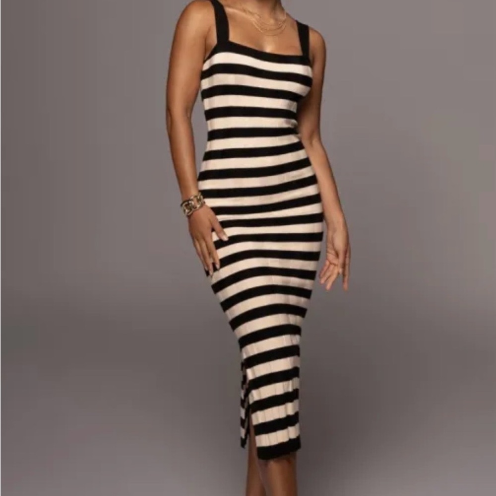 JLUXLABEL Black and Cream Striped Bodycon Midi Dress